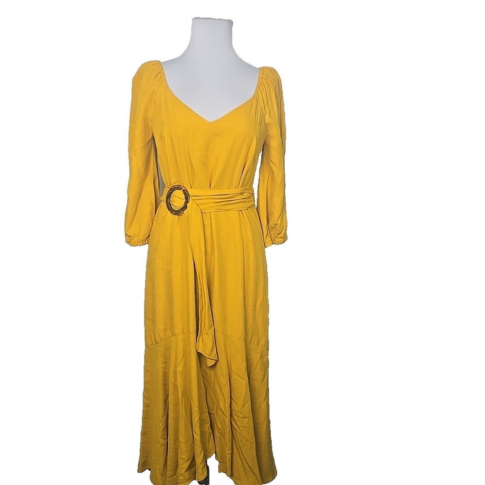 Anthropologie MAEVE Golden Yellow Rayon Linen Blend MIDI Dress Size 4